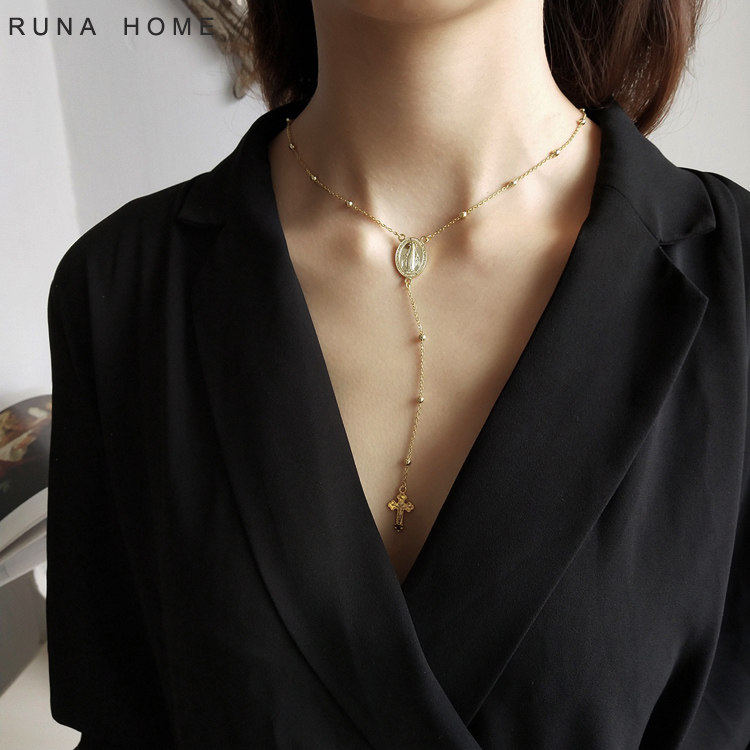 Runa Home temperament goddess long pendant cross gold coin 925 silver women's necklace