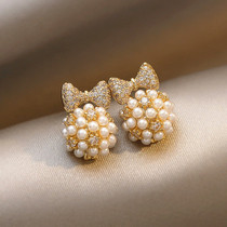 Caring Koko Bow Pearl Ball Earrings Temperament Versatile Fashion Personality Ins Cold Style Earrings