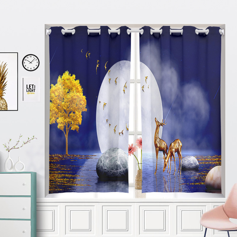 Perforated Curtain Shading Living-room Bedroom Curtain Half-Curtain Short Door Curtain Room Sun Protection Short Curtain Telescopic Rod Window Cloth