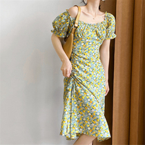 Korean version of square collar oil painting short sleeve dress women 2021 summer new French sweet orange floral bubble sleeve long skirt