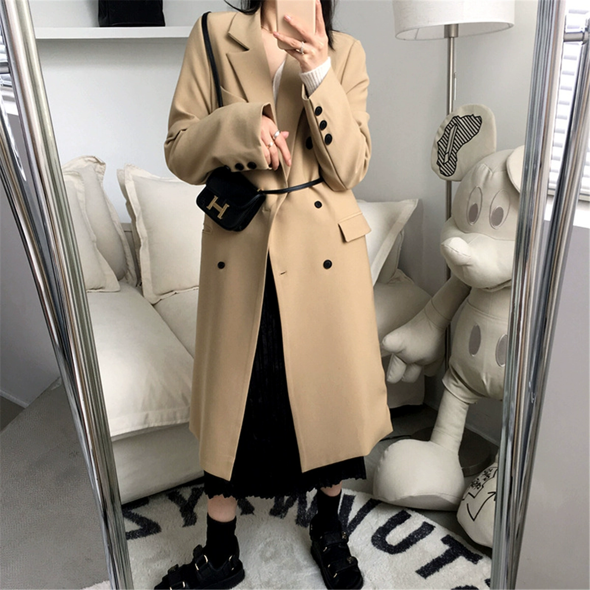 long down coat New Spring Autumn Ladies Woolen Coat Fashionable Temperament Houndstooth Coat Outdoor Leisure Mid-length Windbreaker white bubble coat