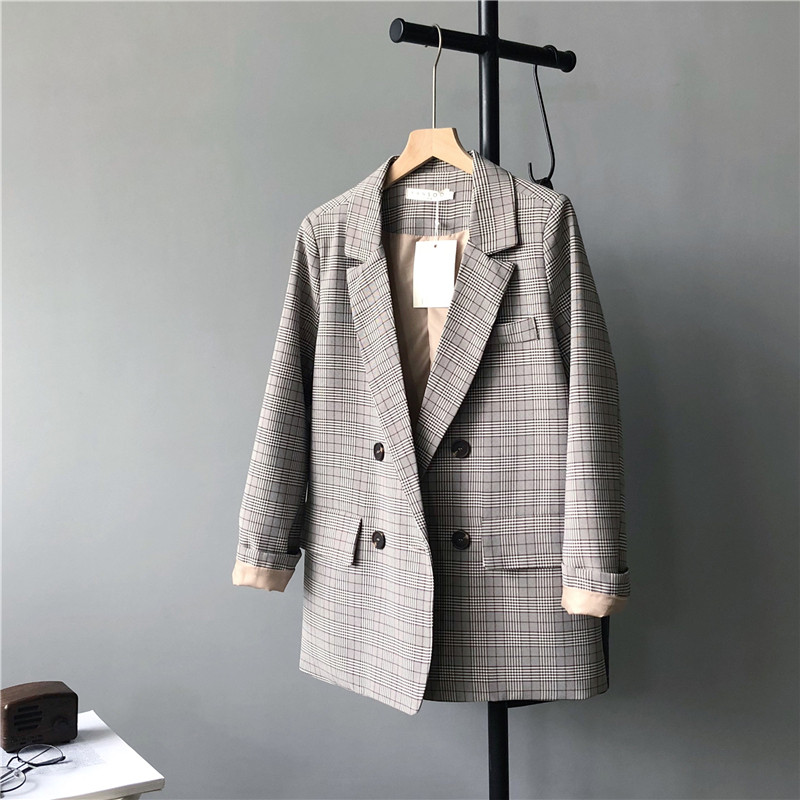 2022 Spring new Han version retro Inléon wind checkered Long sleeve suit jacket Women loose casual Western suit