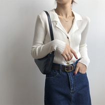 2021 autumn new solid color suit collar long-sleeved base shirt womens thin slim sweater sweater Korean cardigan