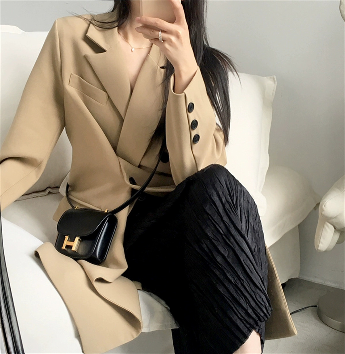 long down coat New Spring Autumn Ladies Woolen Coat Fashionable Temperament Houndstooth Coat Outdoor Leisure Mid-length Windbreaker white bubble coat