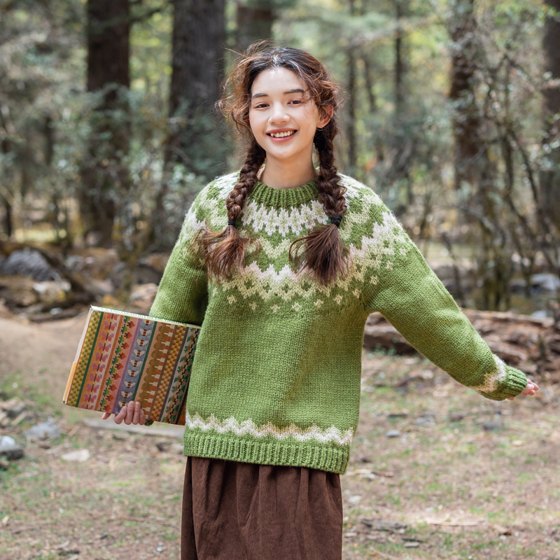 Handmade Icelandic Sweater for Women, Pullover, Green, Fresh, Loose, Nordic Retro, Wide-Needle Knit, Preppy Style, Travel Photography, Niche