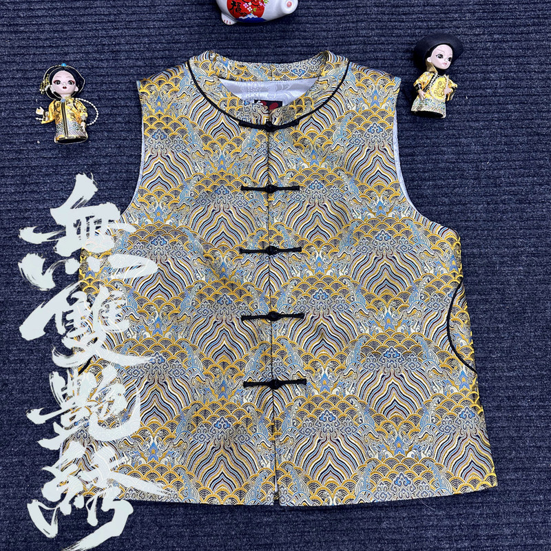 Unparalleled Embroidery Original Design New Chinese Style Retro Water Pattern Brocade Round Neck Tang Suit Unisex Personalized Button-Up Vest
