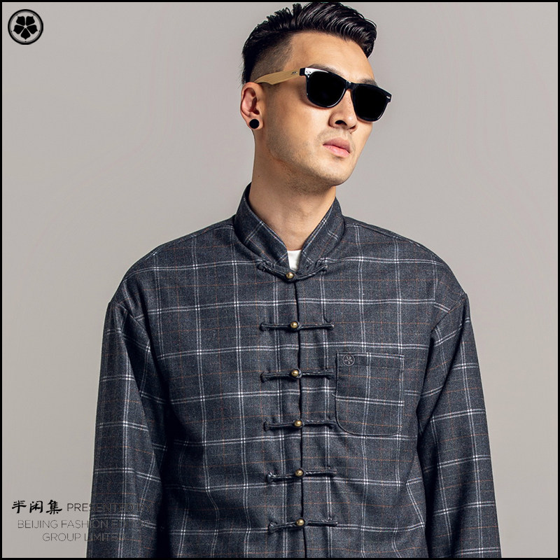 Semi-leisure set plaid copper buckle Tang suit trendy men's youth hip-hop improved retro ethnic style autumn jacket Chinese style coat