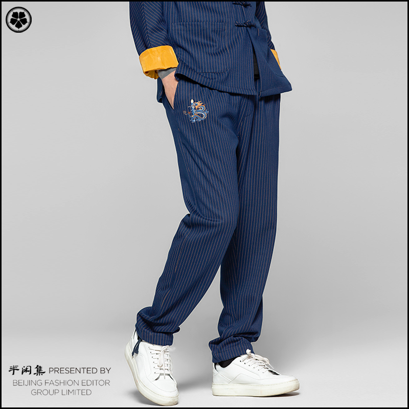 Semi-casual set striped dragon embroidery casual pants summer and autumn new trendy men fashion hip-hop thickened Chinese style men's trousers