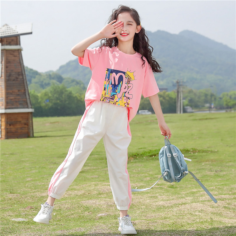 Net red girls short-sleeved T-shirt 2022 summer dress new medium and big girls' cotton suit top summer 8 children's suit