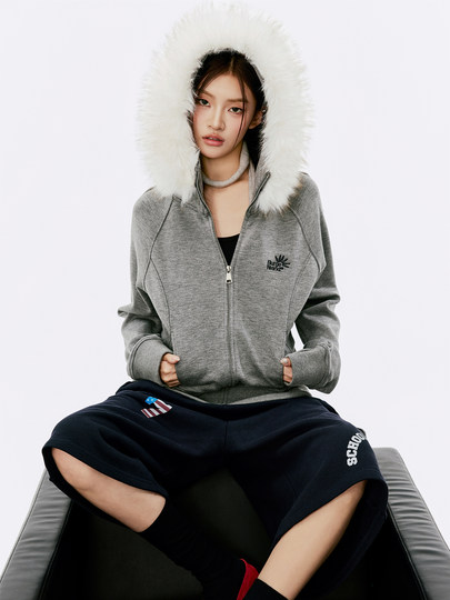 Burgenland Fur Collar Hooded Sweatshirt Jacket for Women, Autumn Zipper Design, Short Loose Fit, Regular Shoulder Cardigan, Trendy