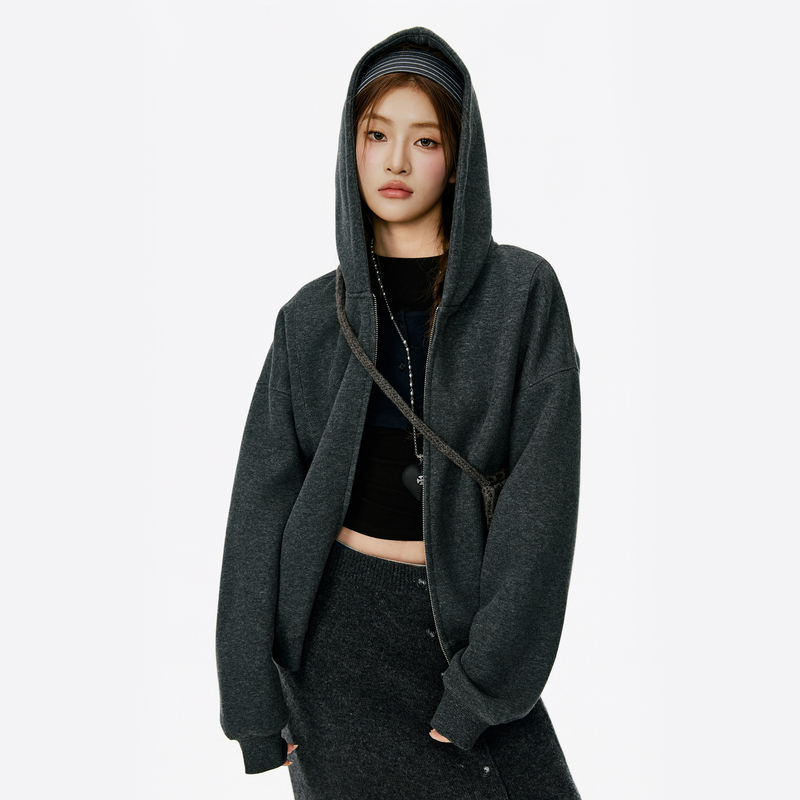 Coat Early Spring Cardigan Hooded Sweatshirt Spring Exquisite Coat Women's Beautiful Thick Spring Clothing Charcoal Black Korean Style 2026