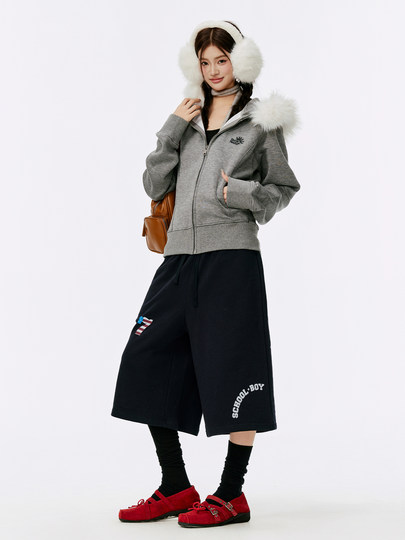 Burgenland Fur Collar Hooded Sweatshirt Jacket for Women, Autumn Zipper Design, Short Loose Fit, Regular Shoulder Cardigan, Trendy