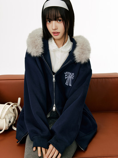 Женская толстовка-кардиган с меховым воротником и капюшоном, осенне-зимняя, с вышивкой, в стиле ретро, на молнии, повседневная, свободного кроя, с мехом