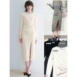 12.13新品 呦R 气质法式圆领拼接收腰褶皱修身长袖开叉连衣裙