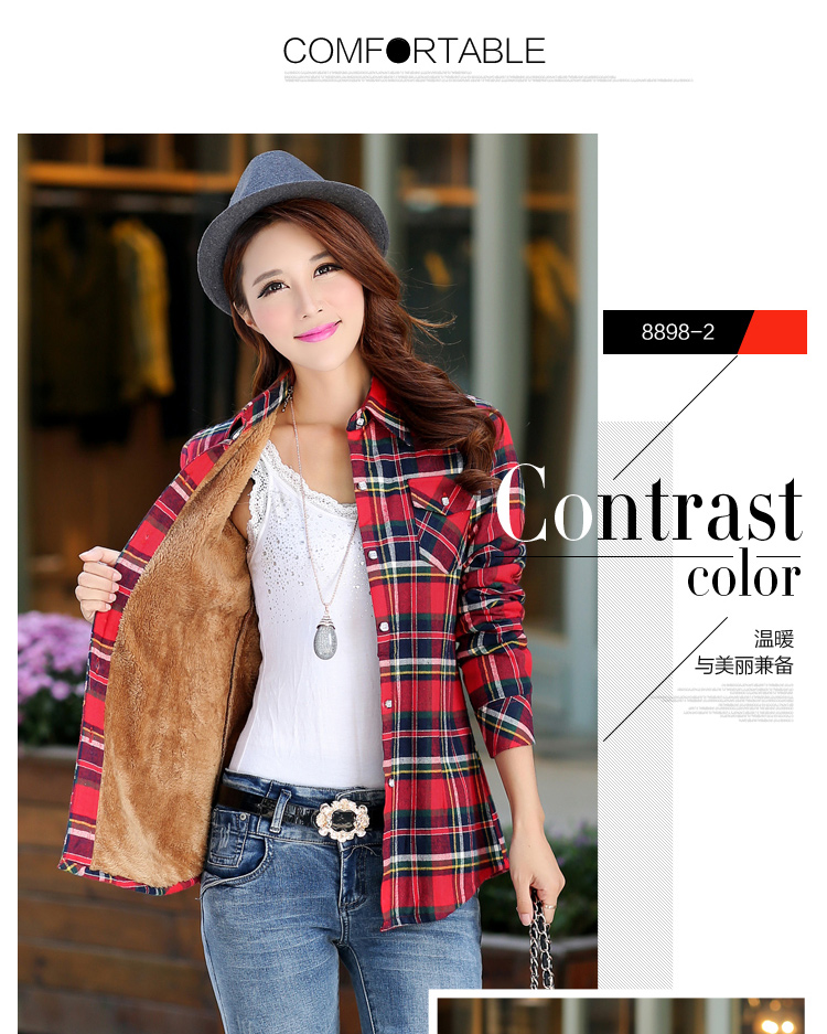 Mùa thu đông mới sơ mi kẻ sọc cotton dài tay cộng với áo nhung dày ấm áp áo sơ mi nữ size lớn sơ mi nữ họa tiết dài tay