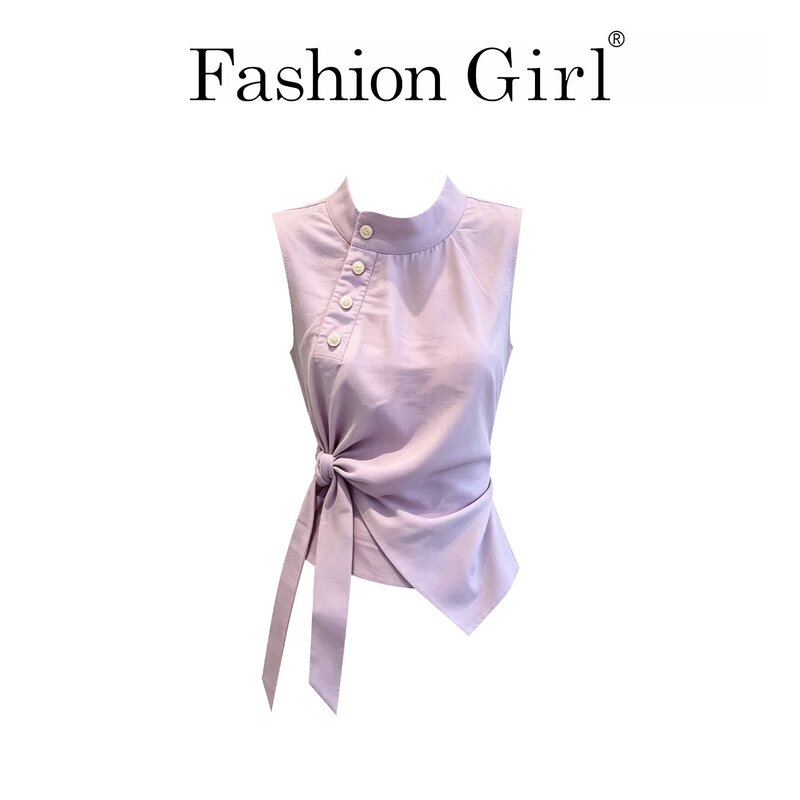 High-End, Elegant and Casual Sleeveless Shirt for Women, New Purple Fashionable Tie Design Top, Summer 2026 High-End, Elegant and Casual Sleeveless Shirt for Women, New Purple Fashionable Tie Design Top, Summer 2026