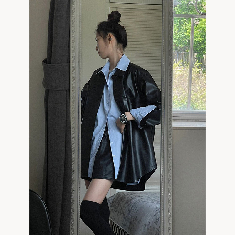 Blue Polo Collar Shirt and Black Leather Jacket Two-Piece Suit for Women, Early Autumn Korean Style Workwear Outfit Set Blue Polo Collar Shirt and Black Leather Jacket Two-Piece Suit for Women, Early Autumn Korean Style Workwear Outfit Set