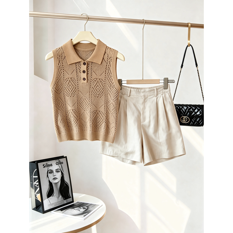 Old Money Style Polo Collar Crochet Hollow Knit Vest Set Summer High-End Sleeveless Top and Shorts Two-Piece Set