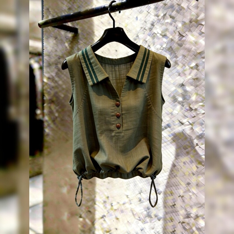 French-Style Versatile Commuter Shirt with Lapel, Buttons, and Drawstring, Women's Army Green Sleeveless Slim-Fit Top, New Summer Model French-Style Versatile Commuter Shirt with Lapel, Buttons, and Drawstring, Women's Army Green Sleeveless Slim-Fit Top, New Summer Model