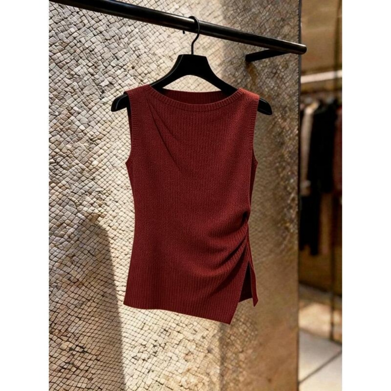 Korean Style Fashionable Casual Red Round-Neck Sleeveless Knitted Vest for Women 2026 Summer New High-End Elegant Top