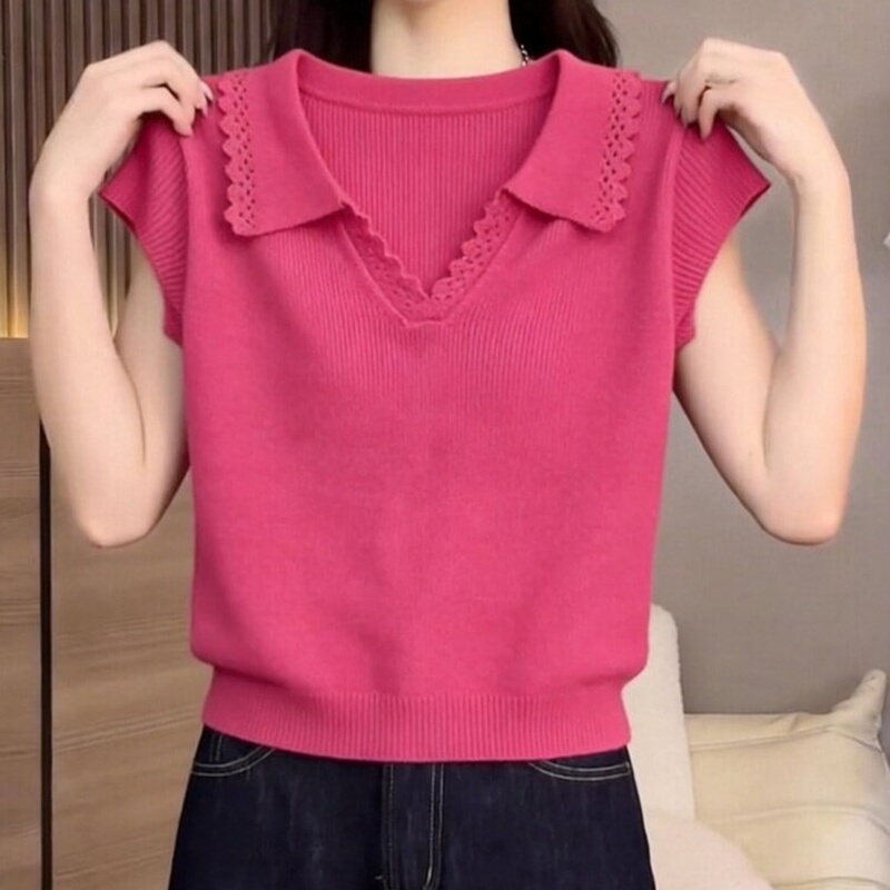 Pink Super Cute Small Lapel Knit Vest for Petite Women, Slimming, Age-Reducing, Stylish, Versatile Knit Top Pink Super Cute Small Lapel Knit Vest for Petite Women, Slimming, Age-Reducing, Stylish, Versatile Knit Top