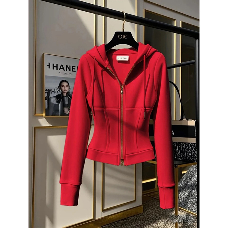 2025 Zodiac Year Red Hooded Waist-Cinching Zip-Up Sweatshirt Jacket for Women, Spring Short Korean Style Lazy Hoodie Top