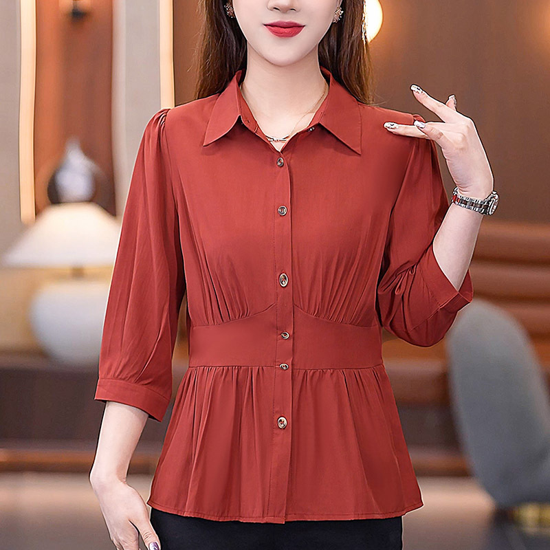 Elegant Red Shirt for Women, Three-Quarter Sleeves, New Summer Style, Simple, Age-Reducing Shirt for Mothers, Waist-Cinching, Slimming Mid-Sleeve Top