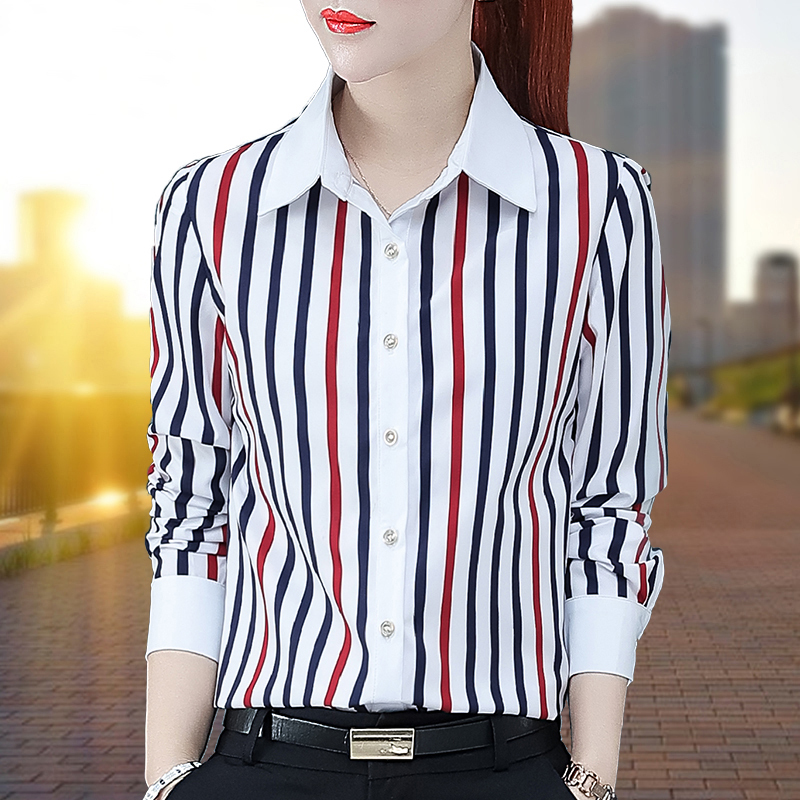 2025 Spring New Vertical Striped Shirt for Women, Long Sleeve, Stylish Chiffon Blouse, Slimming Top for Middle-Aged Moms