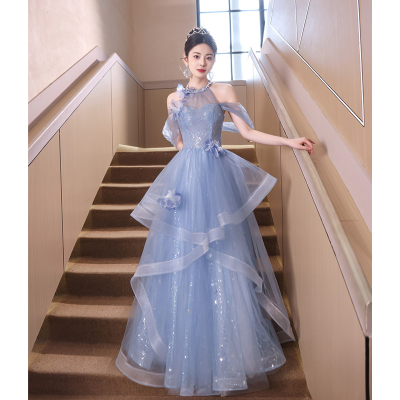 Blue Halter Neck Evening Dress for Women 2026 New High-End Hostess Style with a Sense of Sophistication for Students' Art Exams and Coming-Of-Age Ceremonies