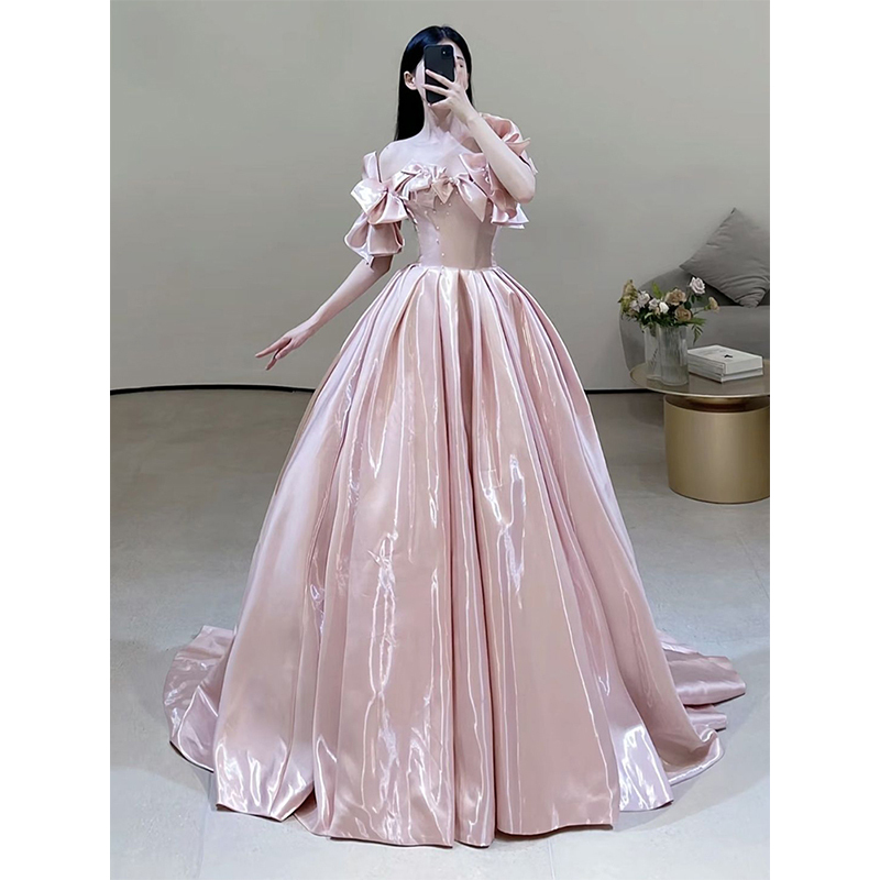 One-Shoulder Evening Dress, Pink Satin, High-End, Light Luxury, Niche, Host, Coming-Of-Age Ceremony, Birthday Party, Tutu Skirt