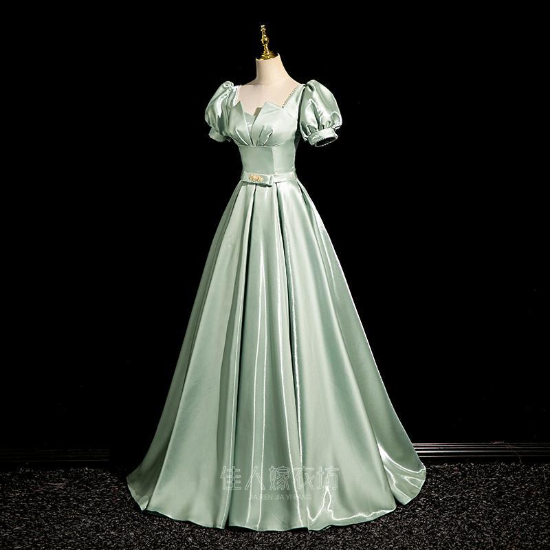 Evening Dress, Autumn and Winter Long Style, High-End Stage Vocal Performance Exam Dress, Annual Meeting Host, Elegant Green Women's Satin