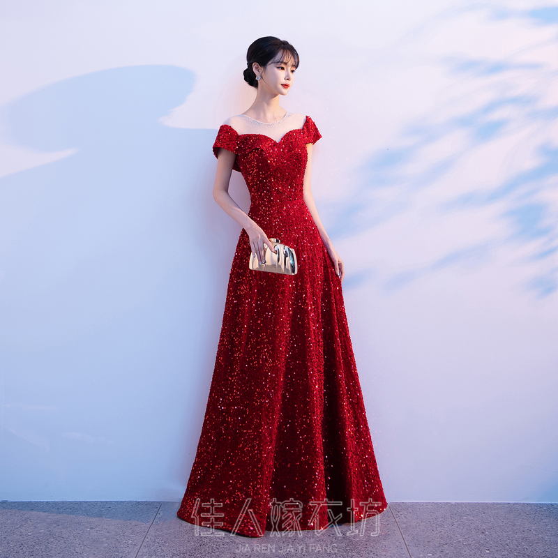 Evening Dress for Women, Banquet 2026 New Style, High-End Choir Performance, Annual Meeting Conductor Host, Red Off-Shoulder