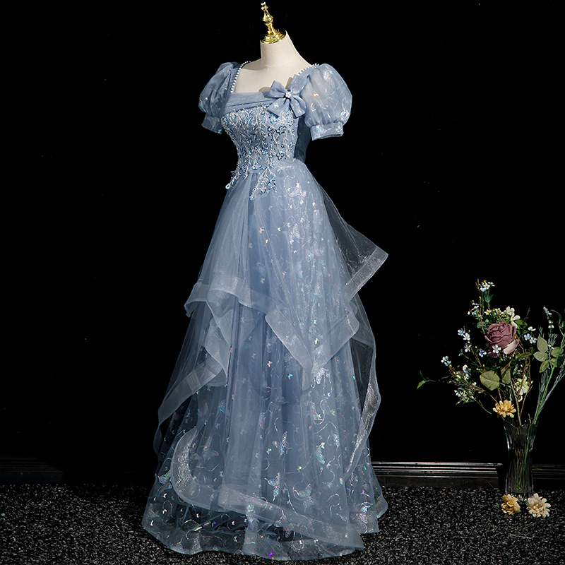 Evening Dress with a High-End, Luxurious, and Niche Feel in Blue, Suitable for Hosting, Showcasing Feminine Elegance, for Coming-Of-Age Ceremonies, Arts Exams, and Graduation Ceremonies