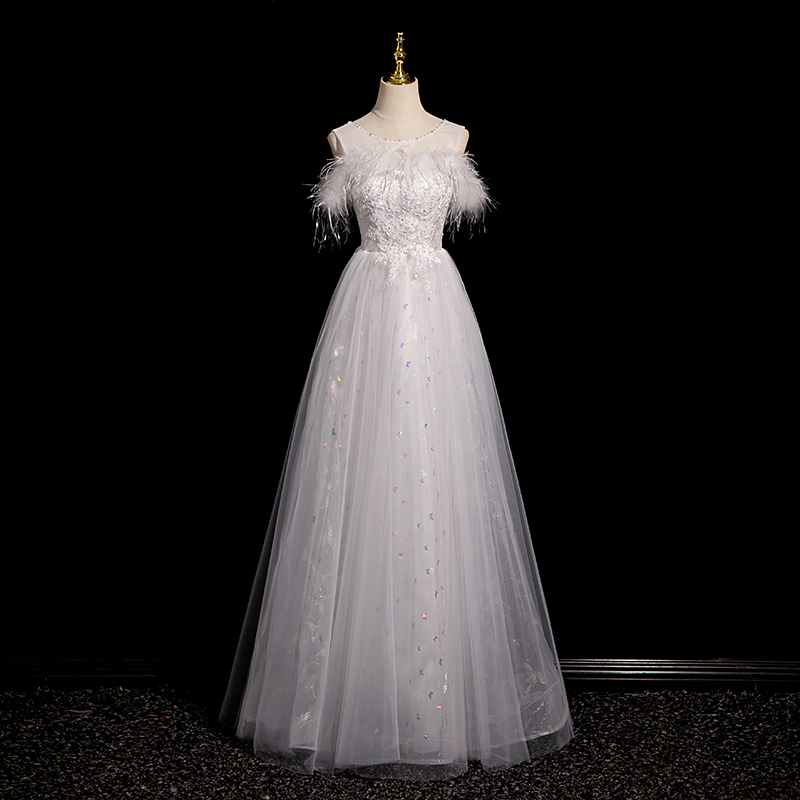 Evening Dress, Banquet, French Style, Off-Shoulder, Light Luxury, Feather, High-End, Princess, Art Exam Student, Host, White Long Dress
