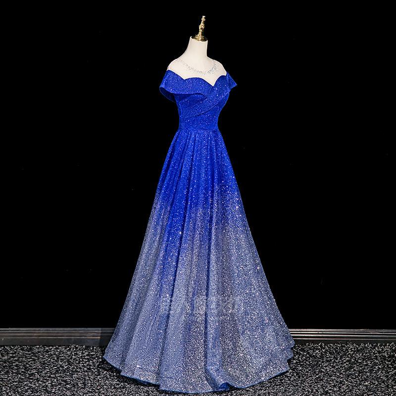 Evening Dress Gradient Blue Dinner Party Annual Meeting Stage Performance Art Exam Starry Sky Choir Conductor Outfit Host Off-Shoulder