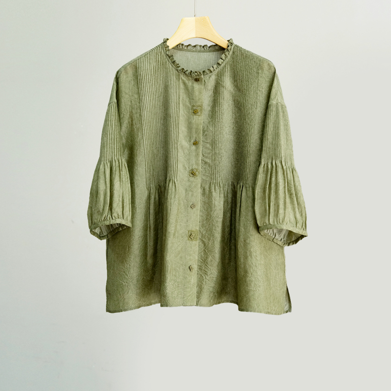 Yunzhiyuan Designer Style Moss Green Mulberry Silk Lace Round Neck Pleated Three-Quarter Sleeve Embroidered Thin Cardigan Shirt