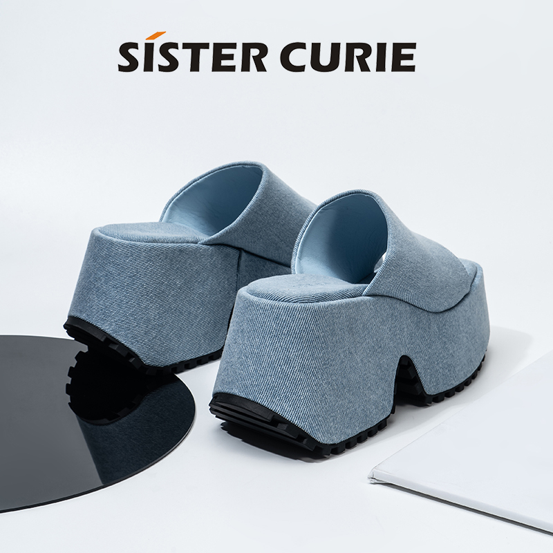 2026 Summer New Square-Toe Thick-Soled Waterproof Platform Open-Toe Height-Increasing Magic Shorty Denim Slippers for Women