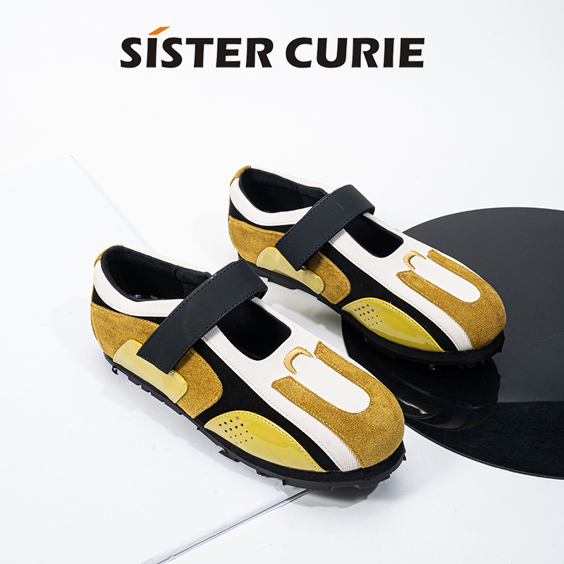 Lemon Yellow ~ Functional Style Shallow Mouth Flat Mary Jane Shoes Women's Velcro Puffer Shoes Beaded Sports Ballet Shoes