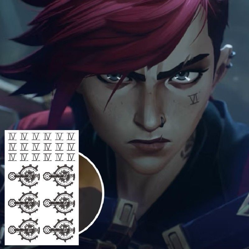 Cos League of Legends: Battle for Bandlewood - Piltover Enforcer Vi Tattoo Sticker, Waterproof Tattoo for Neck and Face