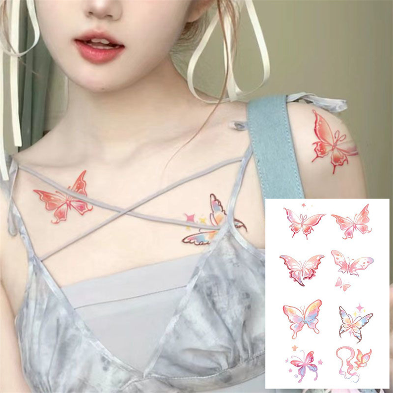 Butterfly Tattoo Stickers, Colorful Fairy Tattoo Stickers for Arms, Fresh and Cute Ins-Style Pink Clavicle Butterfly Stickers