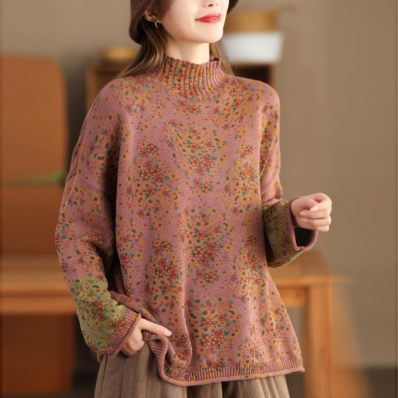 2026 Autumn and Winter New Printed Knitwear Rolled Edge Long Sleeve Top Women's Loose Cotton Pullover Half Turtleneck Sweater 2026 Autumn and Winter New Printed Knitwear Rolled Edge Long Sleeve Top Women's Loose Cotton Pullover Half Turtleneck Sweater