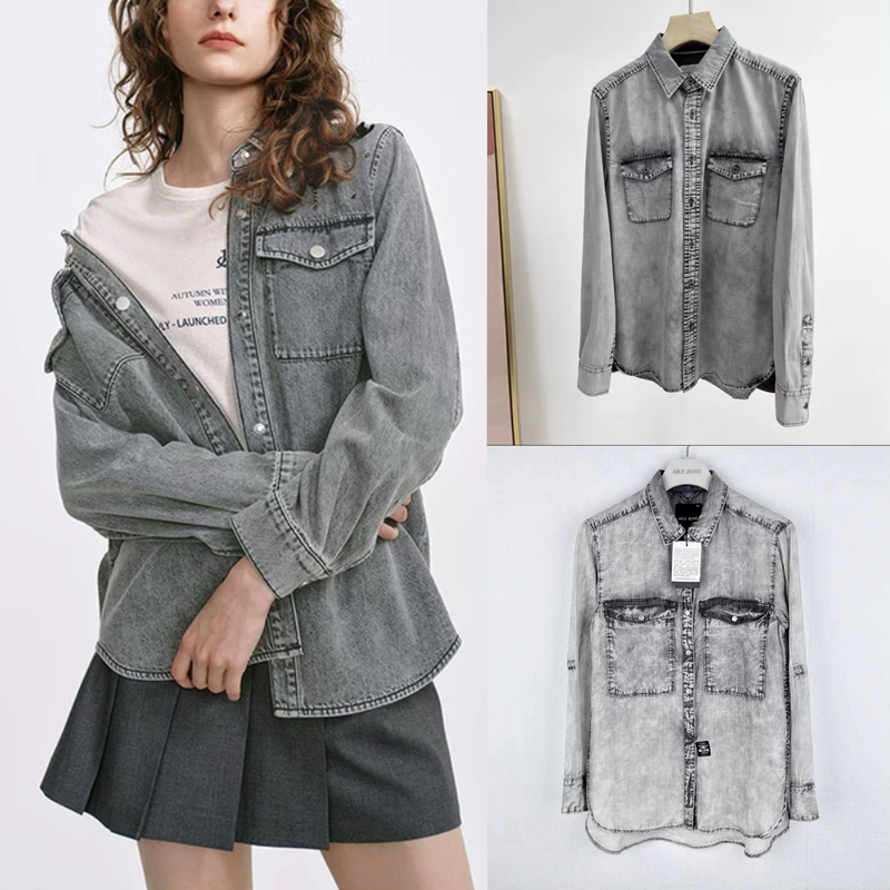 Open the Page to View Multiple Styles of [Gray Denim Shirts] at Special Prices, Non-Returnable Shirts, Women's Casual Style Distressed Shirts