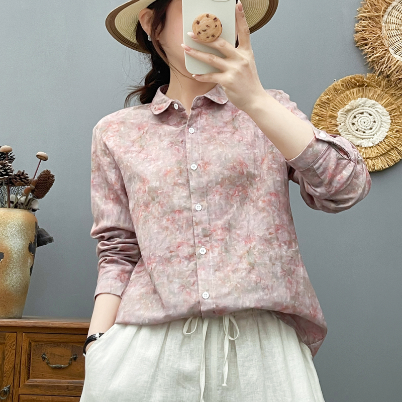 Smudged Cotton Gauze Shirt for Women, Long-Sleeved, Retro, Artistic, Oil Painting Style, Soft, Skin-Friendly, Breathable, Loose-Fitting Pure Cotton Shirt