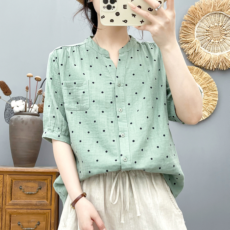 Double-Layer Cotton Gauze V-Neck Polka Dot Mid-Sleeve Shirt for Women, Export Export, Soft and Skin-Friendly Pure Cotton Five-Quarter Sleeve Top