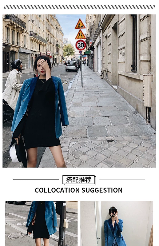 13 nên 2018 thu đông mới nhỏ xinh màu xanh ~ ~ áo khoác nhung kẻ sọc retro nữ áo khoác mỏng