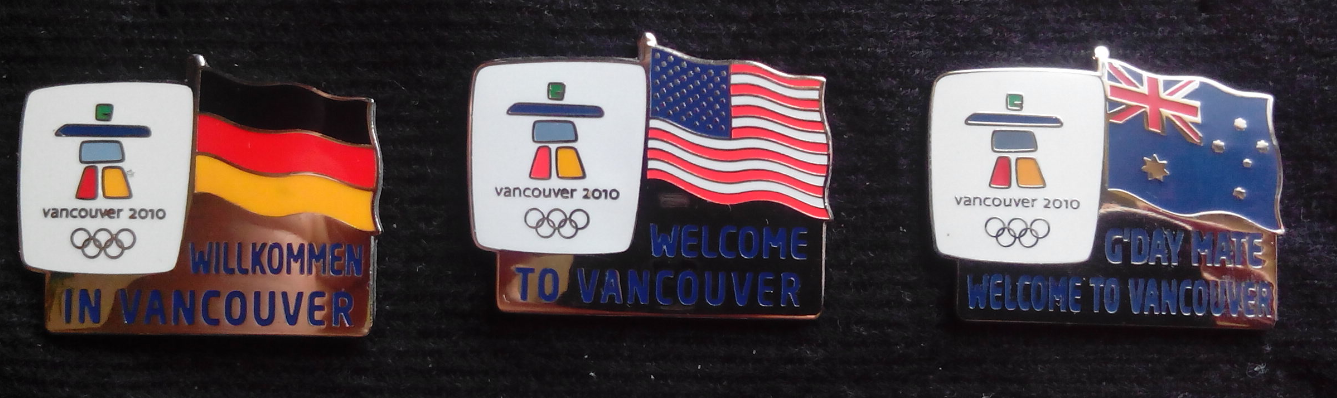 The 2010 Vancouver Winter Olympic Badge Official Welcome Word Badge Germany USA Australia Single