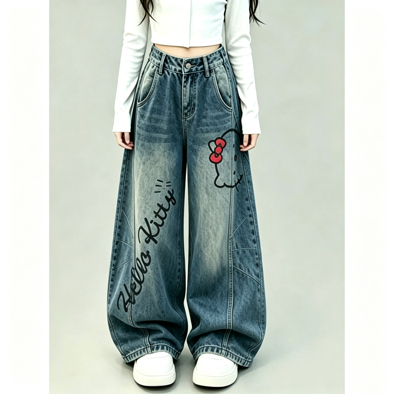 Girls' Spring and Autumn Jeans 2026 New Hello Kitty Print Wide-Leg Cropped Pants for Middle School Students Casual Pants Girls' Spring and Autumn Jeans 2026 New Hello Kitty Print Wide-Leg Cropped Pants for Middle School Students Casual Pants
