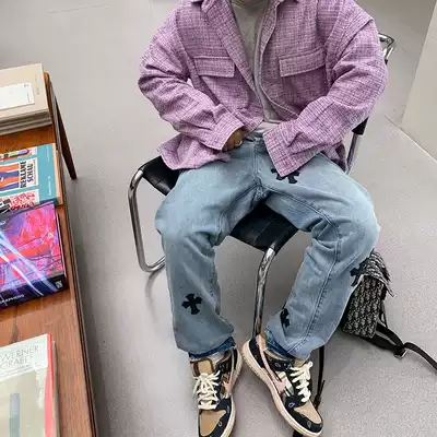 GAHKSTUDIO 2020 Autumn Favorites High Custom High Street Leather Cross Embroidered Jeans