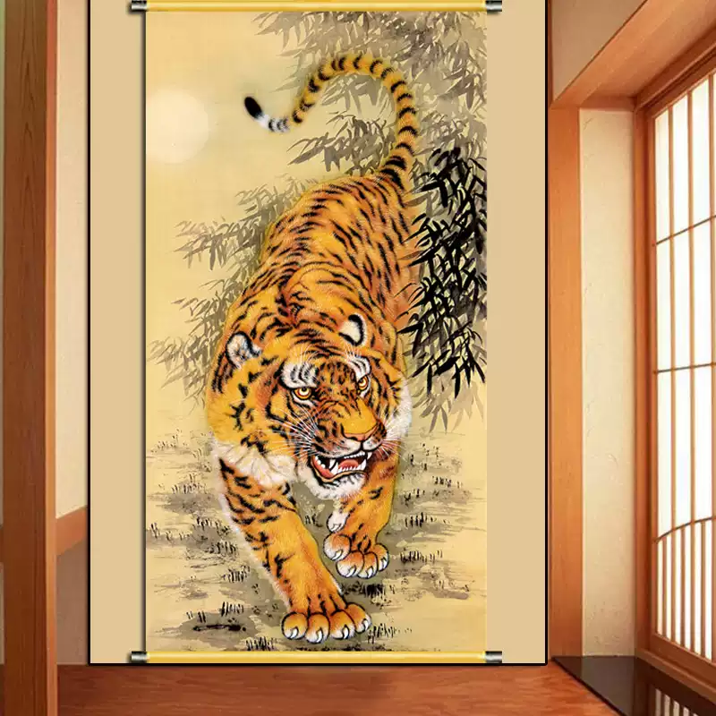 新中式風格猛虎下山布藝掛畫玄關鎮宅老虎捲軸畫裝飾畫