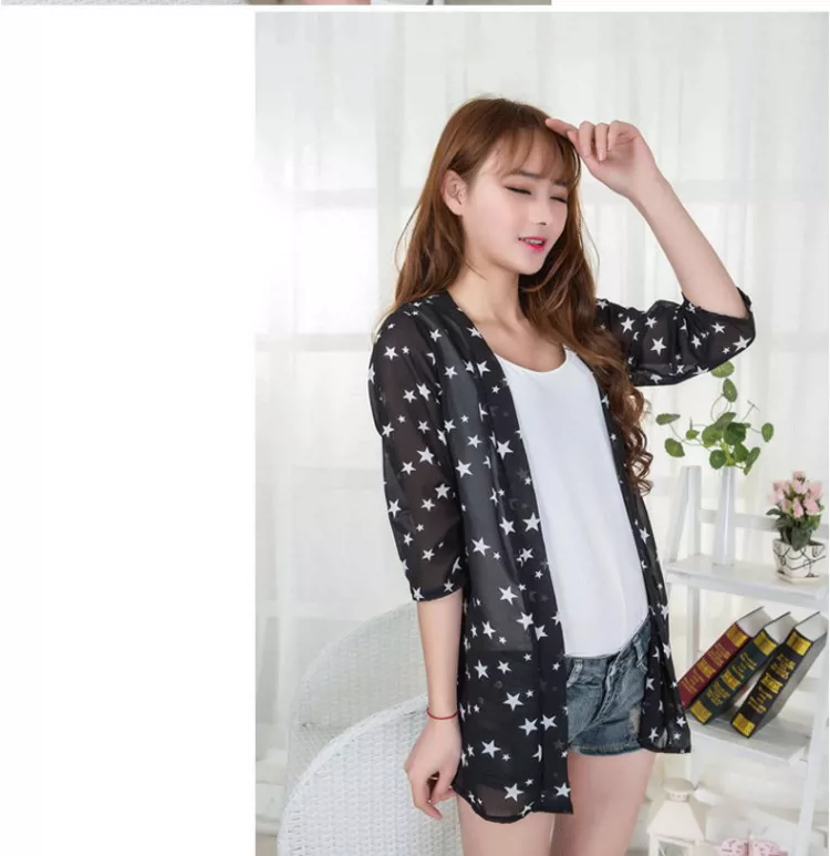 Mùa xuân và mùa hè của phụ nữ hoang dã ngôi sao voan cardigan cardigan mỏng rời áo khoác chống tia cực tím áo khoác chống nắng áo choàng không tay - Áo sơ mi chiffon ren